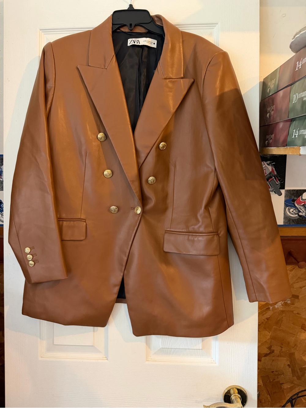 Zara Tan Faux Leather Double-Breasted Blazer